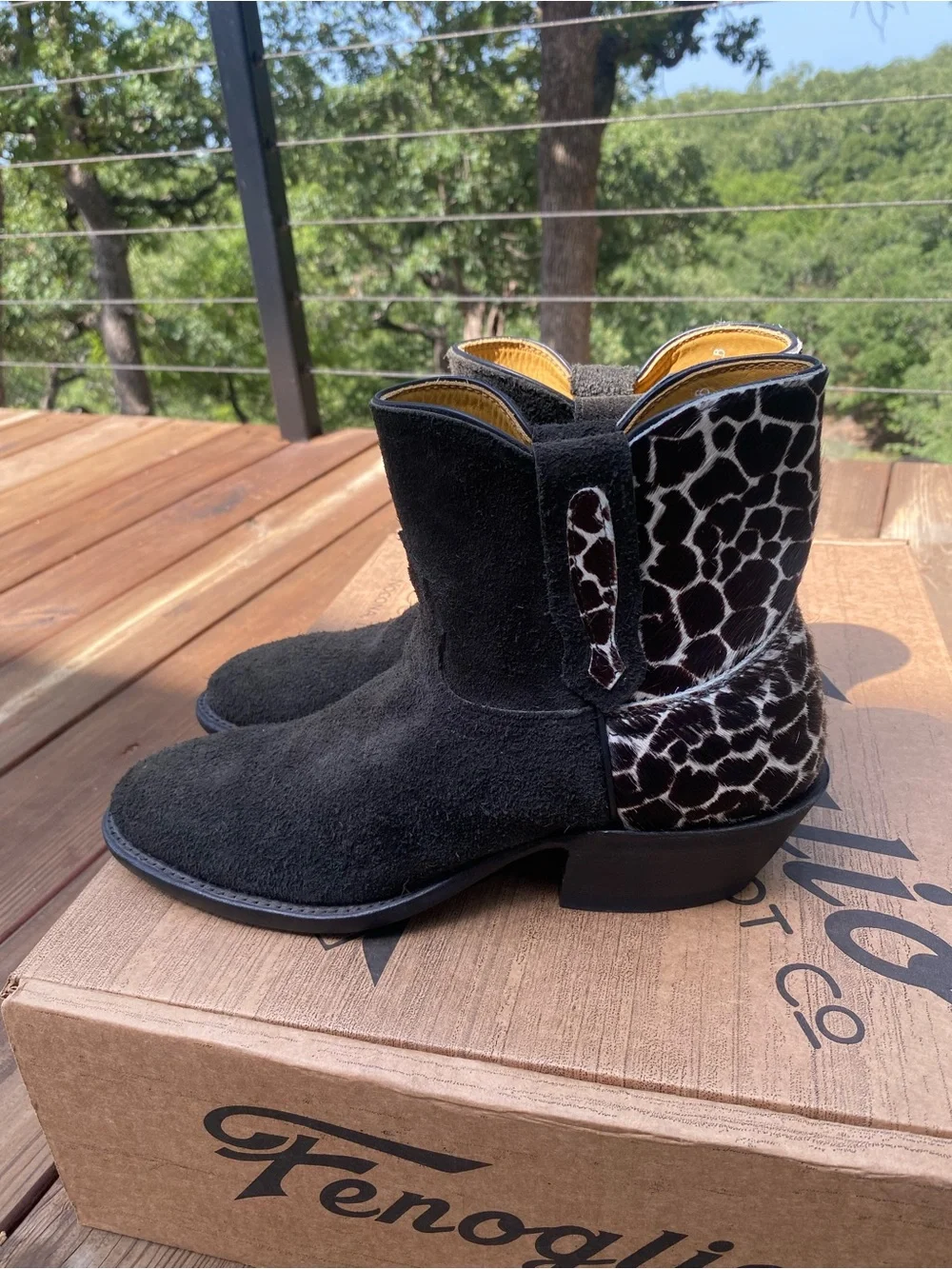 Fenoglio Boot Co Black Suede Western Ankle Boots Giraffe Hair-On Leather 9.5 NWT
